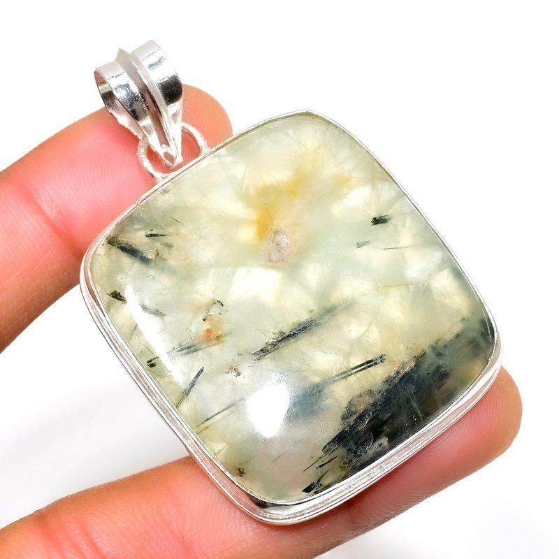 Prehnite Gemstone 925 Silver Plated Handmade Jewelry Pendant 2.27"