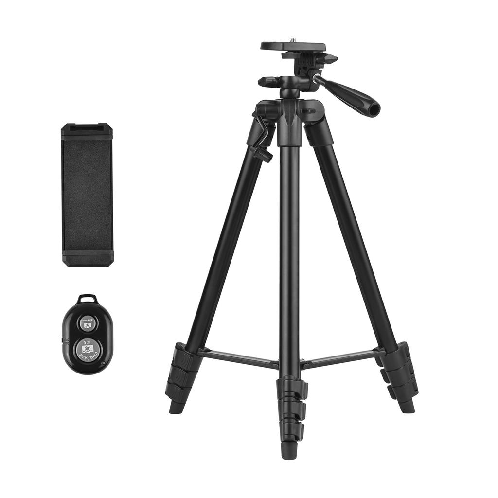 Portable Tripod Stand Aluminum Alloy 135cm 53in Max. Height 3kg Load Capacity with Phone Clamp Remote Shutter for