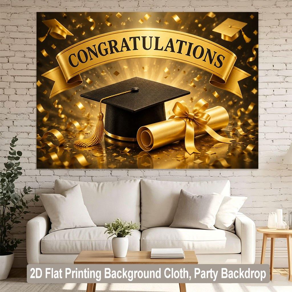 2D Flat Backdrop1pc Graduation Gold Decor Backdrop Banner Polyester Wall Decor For Living Room Bedroom Office Outdoor Decor Holiday Gift