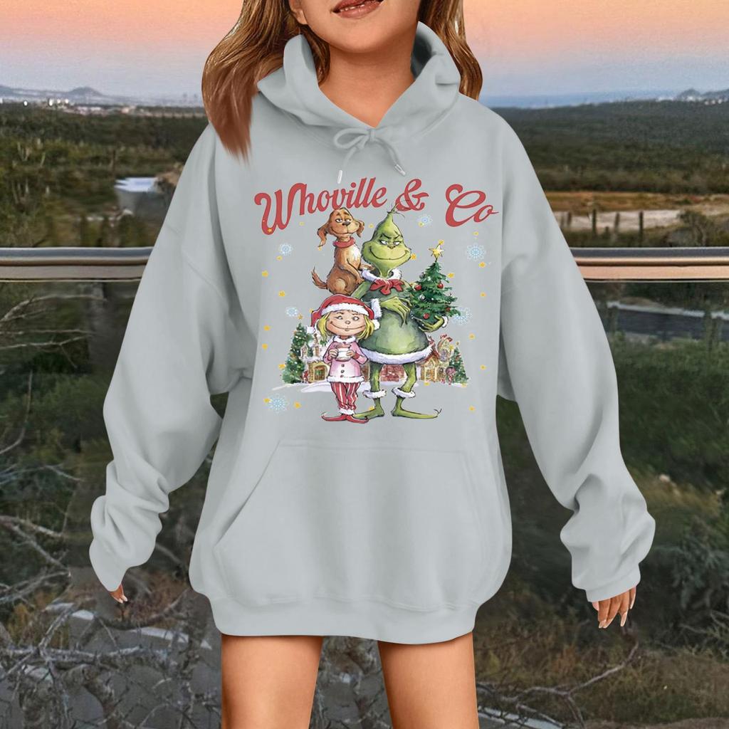 Детская модная повседневная толстовка с капюшоном свободного кроя с длинными рукавами и рождественским принтом