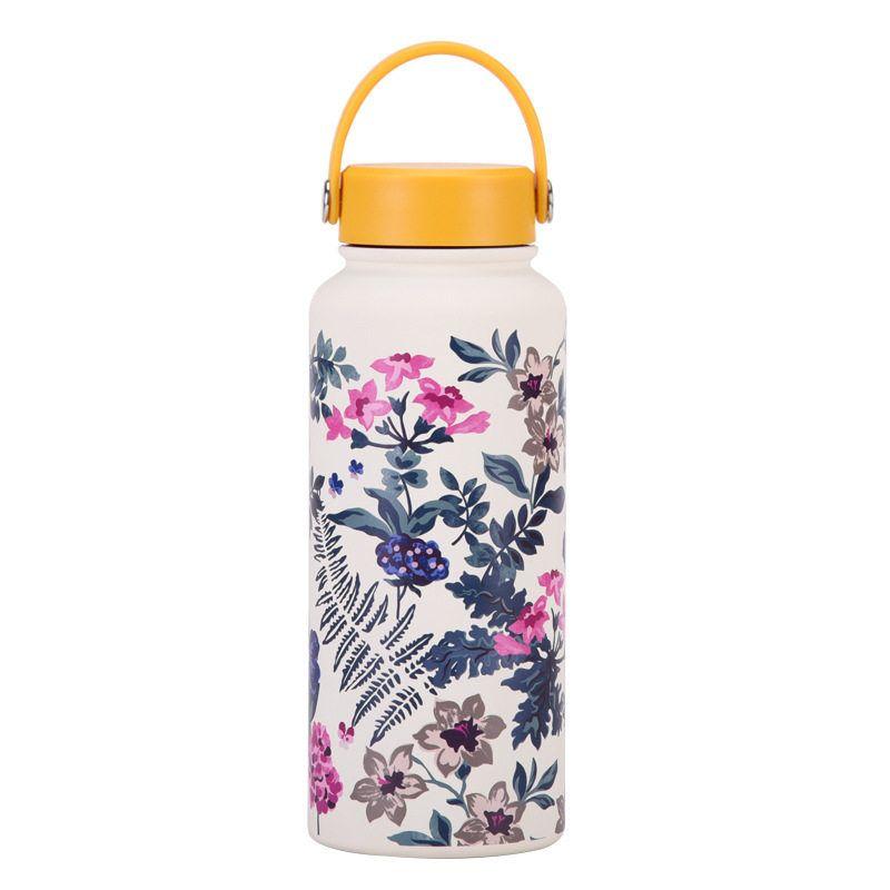 2025 New Model 1L Large Capacity Thermos Cup with Wide Mouth, Portable Handle, Sports Water Bottle, Outdoor Printed Water Cup for Women
