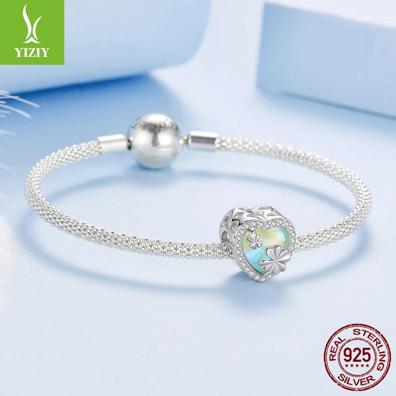 Love Four-Leaf Clover S925 Silver Beads Loose Beads, Small Fresh Heart-Shaped Diy Beaded Jewelry Accessories