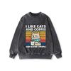 Мне нравятся кошки и кофе Принт Постиранное худи Женские тонкие топы Повседневная хлопковая толстовка Осень Базовый ретро спортивный стиль