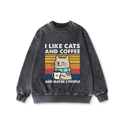 Мне нравятся кошки и кофе Принт Постиранное худи Женские тонкие топы Повседневная хлопковая толстовка Осень Базовый ретро спортивный стиль