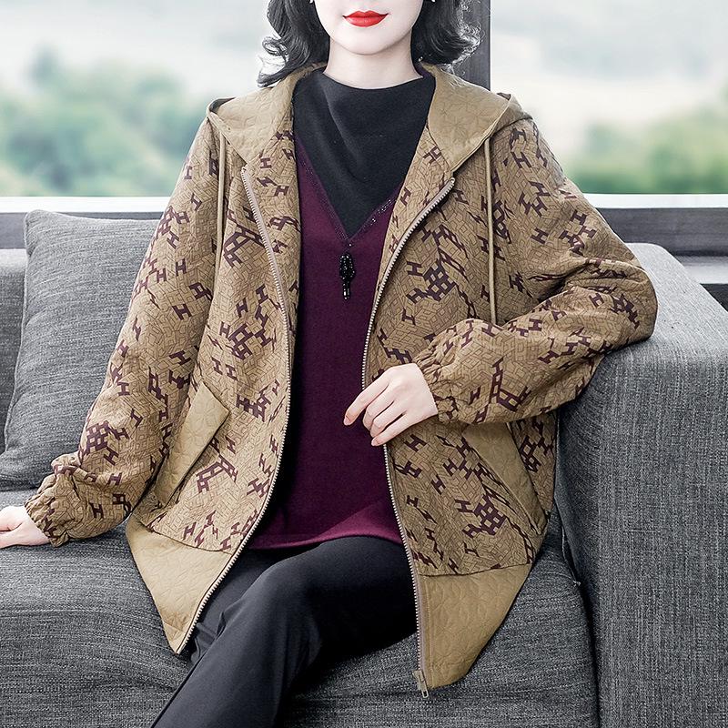 Plus Size Loose Print Hooded Sweatshirt for Mature Middle-Aged Women 2025 Spring/Summer Collection