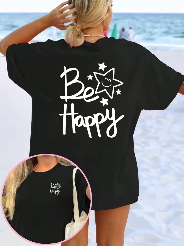 Women's "Be Happy" Cursive Print T-Shirt Fit Round Neck Short Sleeve Top Suitable Home Harajuku Sleeve Casual Aesthetic Clothes