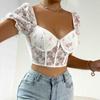 Casual V Neck LaceT Shirt  Mesh  Short Sleeve Crop Top Women Embroidered Flower T-shirt Casual  Tank Top Slim Female Crop Top Fashion Tee Shirt Y2k