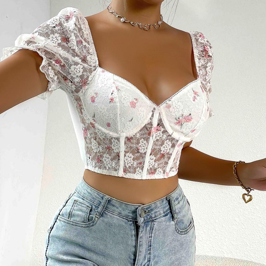 Casual V Neck LaceT Shirt Mesh Short Sleeve Crop Top Women Embroidered Flower T-shirt Casual Tank Top Slim Female Crop Top Fashion Tee Shirt Y2k
