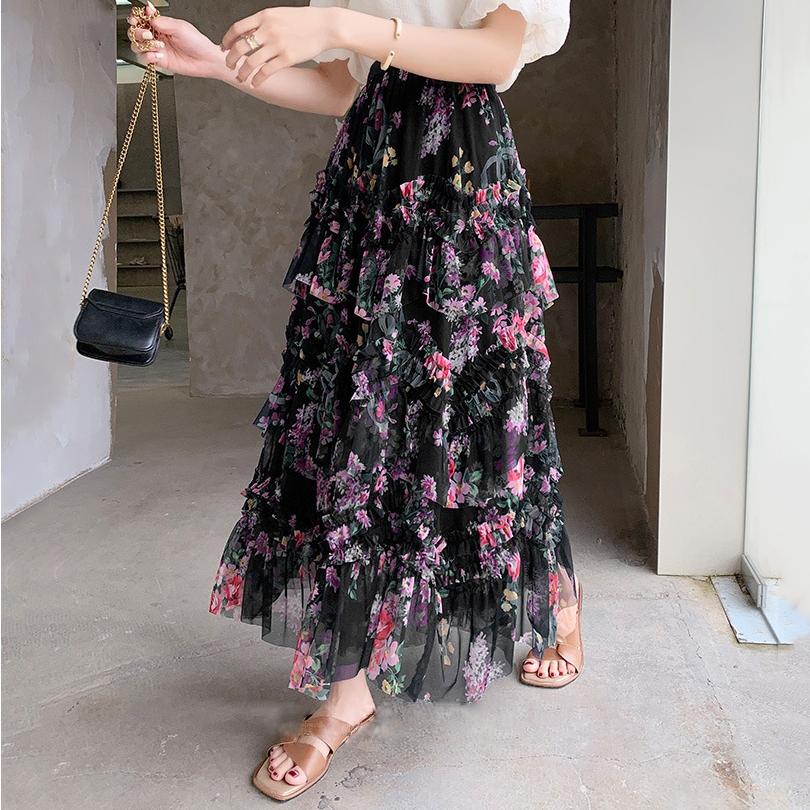 Qooth Элегантная длинная юбка из тюля с принтом феи, модная плиссированная юбка трапециевидной формы с цветочным принтом и эластичной резинкой на талии QT2372
