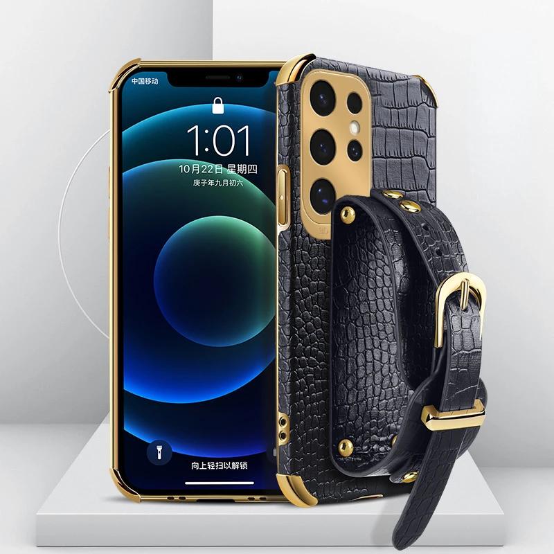 Чехол для телефона с узором под крокодила для Samsung Galaxy S25edge S24 FE S23 S22 S21 Ultra Plus FE Note 20 9 8 Задняя крышка с ремешком на запястье
