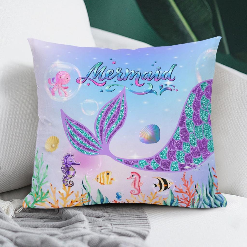 Mermaid Ocean Pillowcase Throw Cushion Cover Cute Sea Life Decor for Girls Bedroom Nursery Gift Square 18x18 Inch