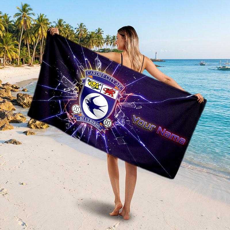Cardiff City Custom Beach Towel, Personalized Name Text Print, Football Logo Soft Quick‑Dry Towel Holiday Gift