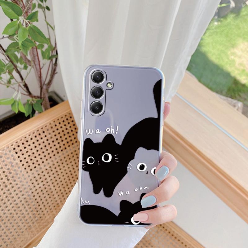 Мягкий силиконовый прозрачный чехол с рисунком черного кота для Xiaomi Redmi Note 13 Pro Poco Samsung A55 A54 A34 A15 S24 M35 iPhone 11 12 13 14 15 противоударный чехол