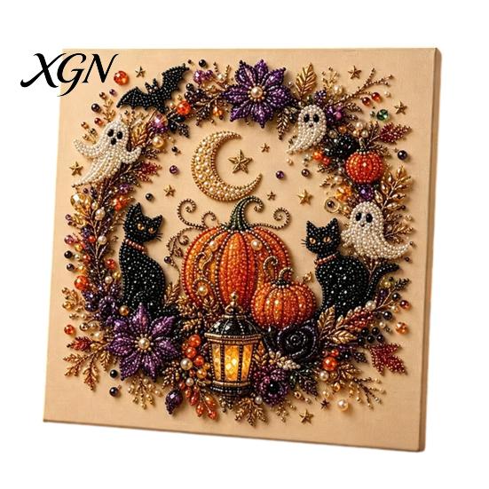 Handmade Gift for Craft Enthusiasts 2Pcs Halloween Faux Pearl Art, Ghost Pumpkin Witch Crow Painting DIY Sparkling Bead Set Kit, 3D Skull