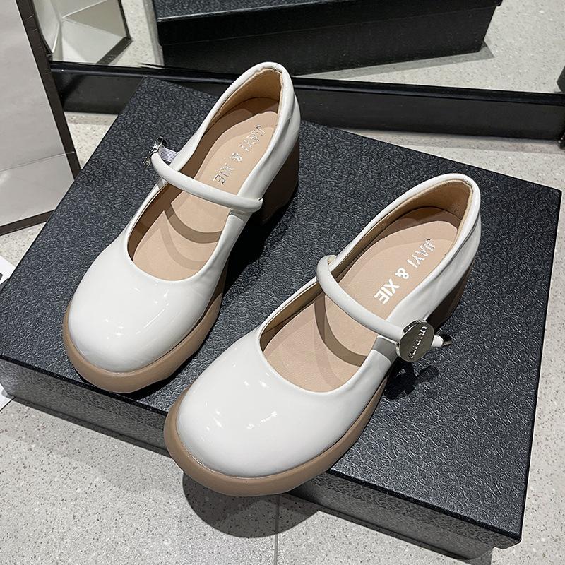 Лакированные туфли Мэри Джейн с круглым носком, женские, весенне-летние, удобные, на толстом каблуке, с открытым верхом, одинарные туфли, на высоком каблуке, с ремешком через подъем.