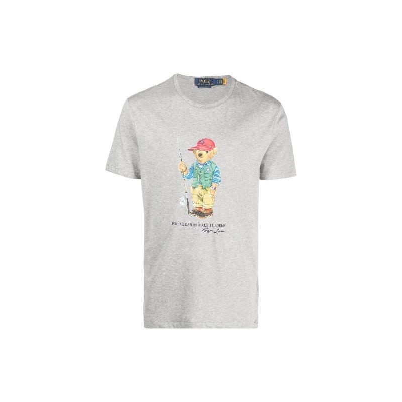 Ralph Lauren Polo Bear SS23 Узор с мишкой Логотип-буквы Хлопок Круглый вырез Пуловер Футболка с коротким рукавом Мужской Серый 710853310-019