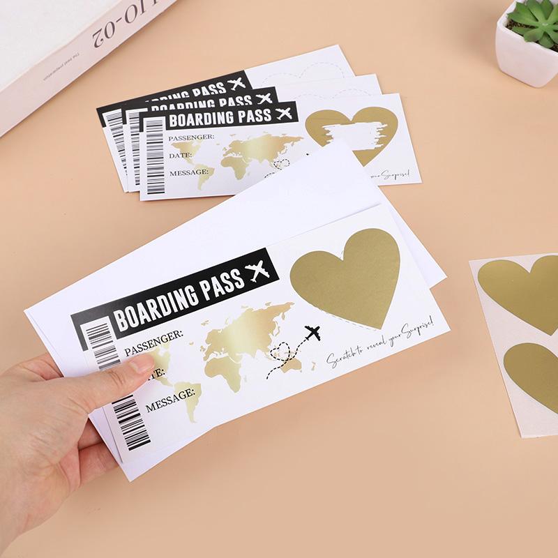 5Sheets Boarding Pass Scratch Off Game Card with Envelope DIY Surprise Gift for Wedding Birthday Party Christmas Travel Tickets