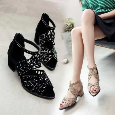 Новые модные стильные женские сандалии, летние сандалии из искусственной кожи со стразами, толстые босоножки с рыбьим носком, сандалии на молнии на каблуке, обувь большого размера