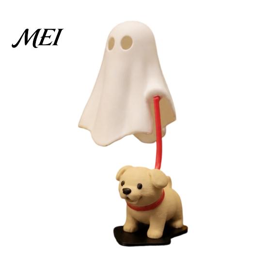 Anthropomorphic Dog Sculpture Halloween Ghost Walking Figurine, Cute Spooky Statue with Creative Table Centerpiece LED Candle, 3D Printed Tabletop