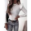 Women High Collar Fashion Buttons Top Long Sleeve Slim Fit T Shirt