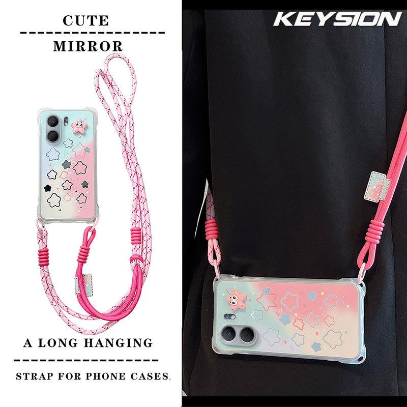 KEYSION Crossbody Strap Phone Case for OPPO A5X 5G Cute Cartoon Long Lanyard Mirror Shockproof Cover for OPPO A5X