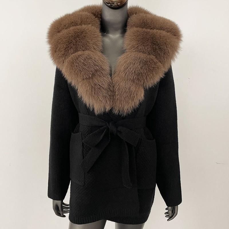 Womens Oversized Knit Cardigan With Real Fox Fur Collar Mid-Length Open Front Sweater Winter