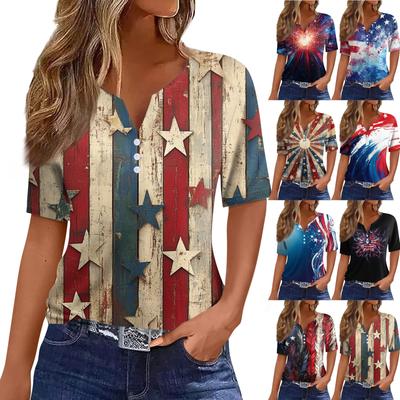 Жен. Футболка С принтом Пуговицы С короткими рукавами Повседневные Выходные Мода Классический V-образный вырез Обычный Верх