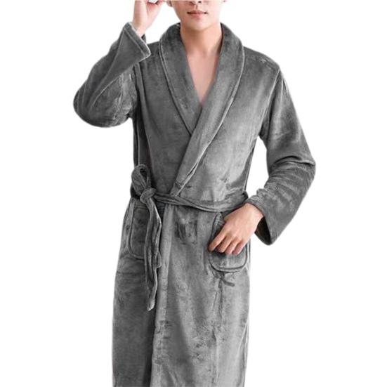 Осень-зима мужская ночная рубашка фланелевая карманы лацканы однотонный длинный рукав халат плюс