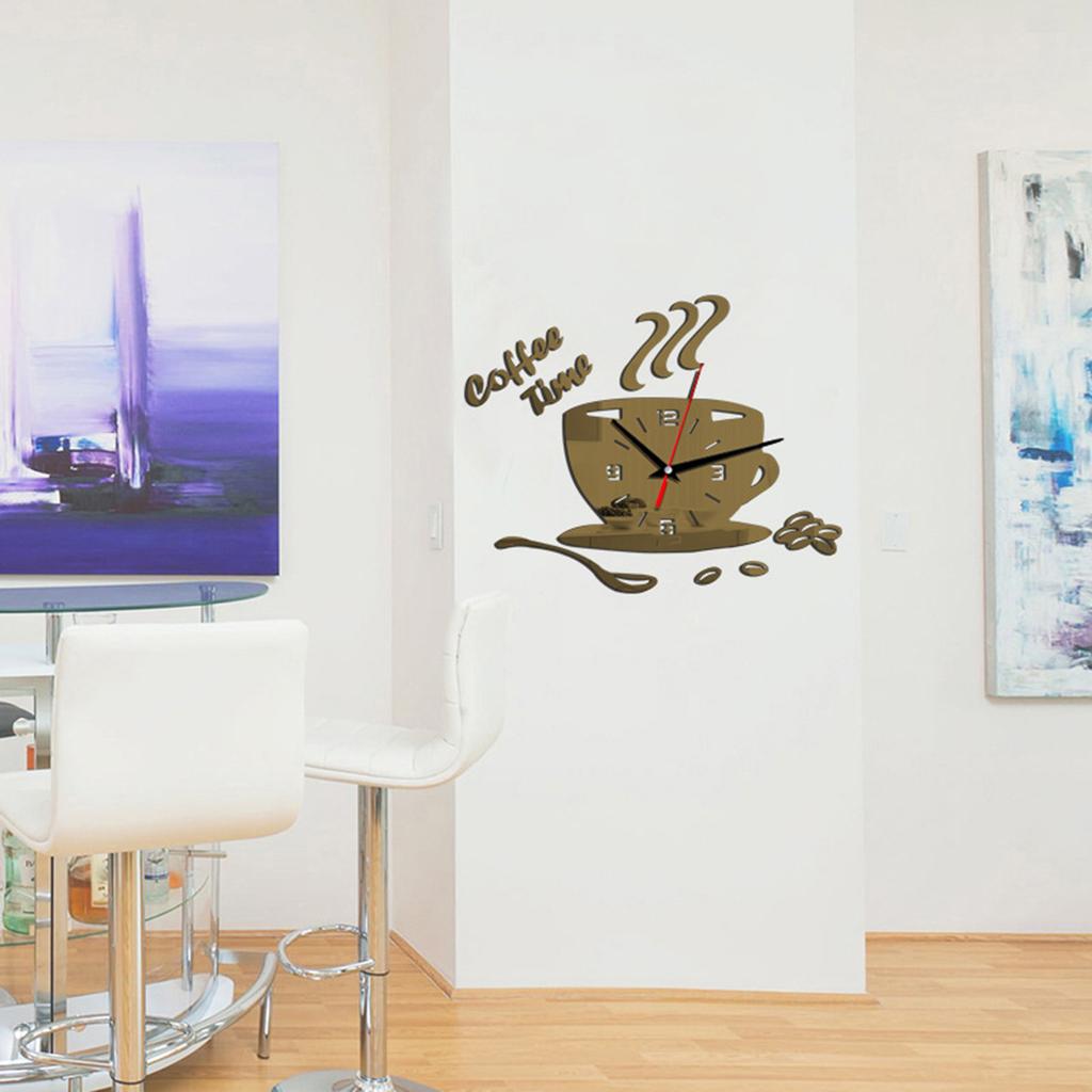 DIY Acrylic Mirror Wall Clock Coffee Cup Design Silent Home Decor