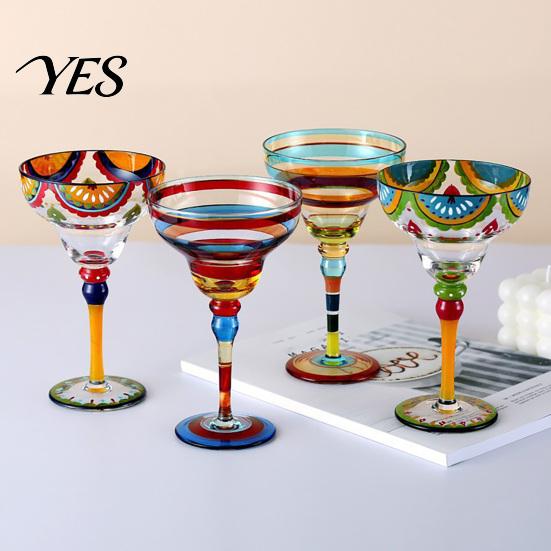 Party Drinkware Mexican Hand Painted Margarita Glass, Champagne Cocktail Glasses, Modern Retro Pattern Glass Bar Goblet for Kitchen Table Decoration