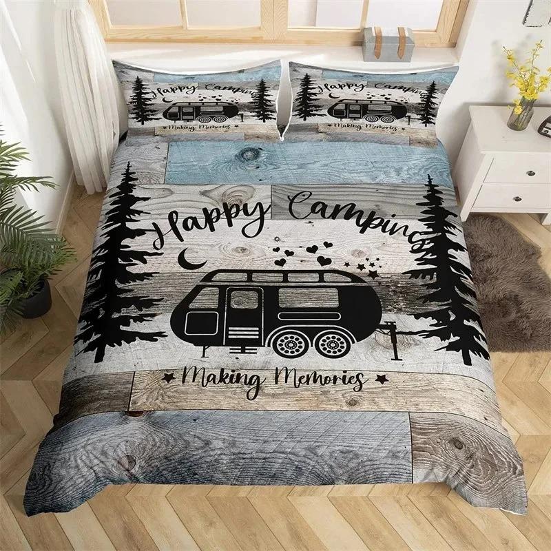 Happy Camping Duvet Cover Queen Cartoon Caravan Camping Bedding Set Farmhouse Style 3D Camper Comforter Cover With Pillowcases