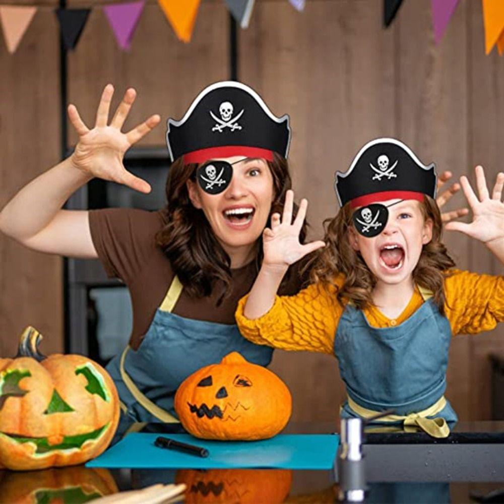 5Pcs Horror Felt Pirate Hat Black Skull Pirate Captain Cap Props Accessories Masquerade Party