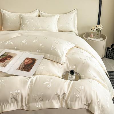 Летний жаккардовый комплект постельного белья с бантом из ледяного шелка и сатина, 4 предмета: простыня, наволочки, пододеяльник. Мягкая, гладкая, удобная коллекция постельного белья