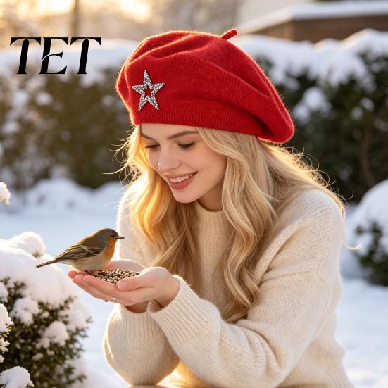 Vintage Inspired Beret Women Knitted Hat for Fall Winter, French Style Artist Soft Cap with Rhinestone Star, Stretchy Solid Color Knitting Star