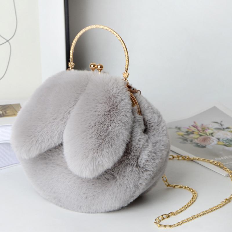 Plush Rabbit Bag Women Cute Handheld Plush Bag Autumn Winter Girls Chain Crossbody Bags Rabbit Ear Clip Bag