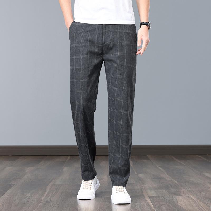 Summer Thin Plaid Formal Stretch Pants Men Slim Business Grey Black Casual Pant Fashion Male Clothing England Trousers