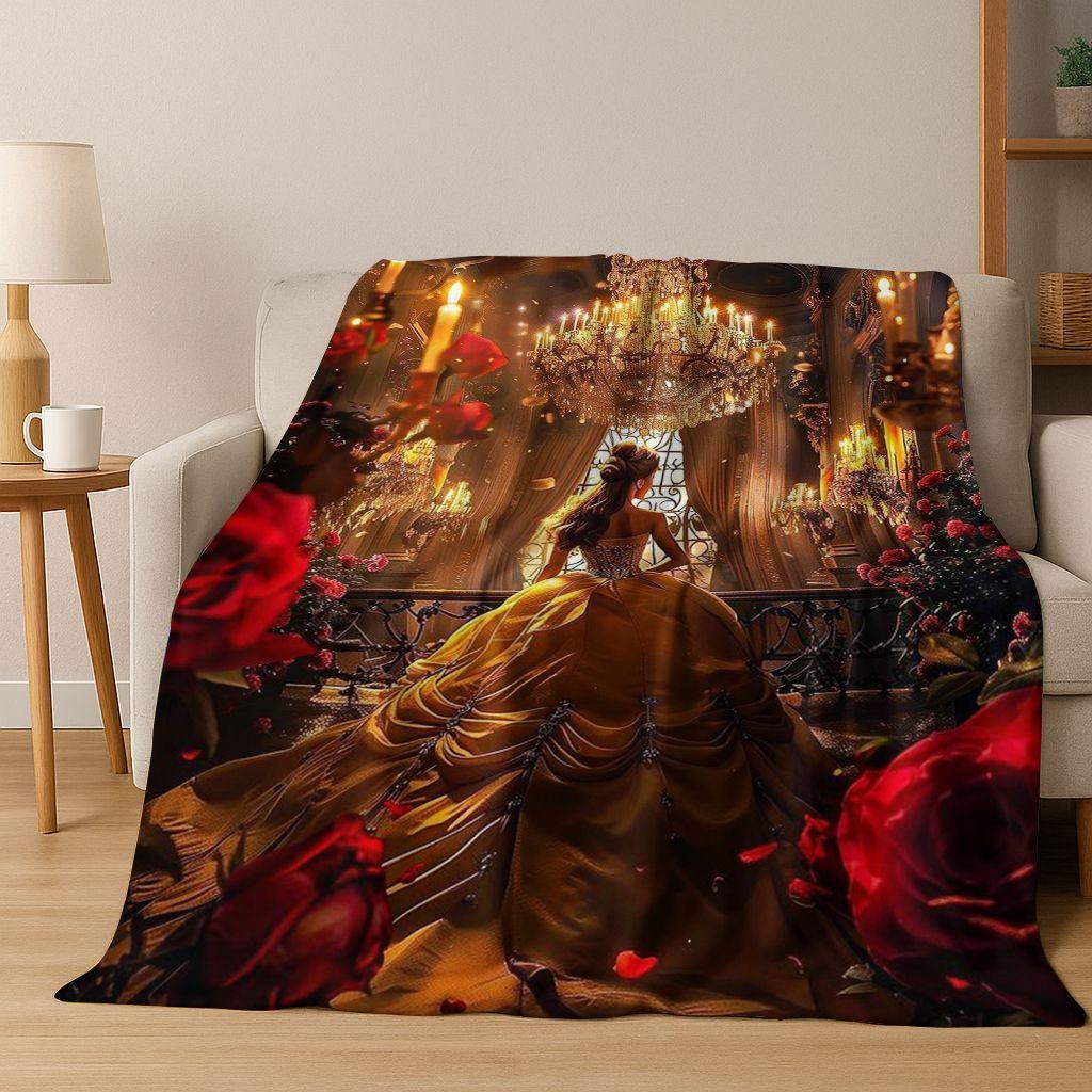 3D Beauty and The Beast Lovely Cartoon Flannel Blanket,Warm and Cozy Soft Throw Blanket for Home Bedroom Bed Sofa Cover Gift Kid