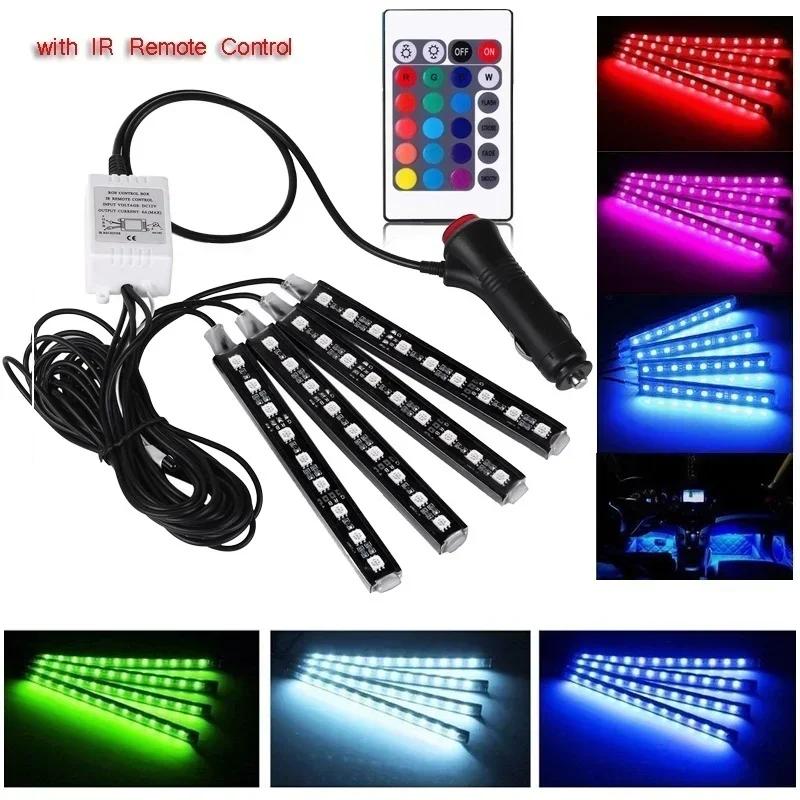 Светодиодные RGB ленты для салона автомобиля 12 В с изменяемым цветом, окружающее освещение с пультом дистанционного управления для украшения автомобиля, 1 комплект