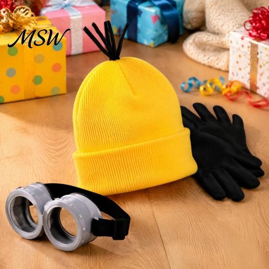 Holiday Masquerade Dress Up Knit Hat Costume Set, Retro Round Glasses Suspenders Gloves, Halloween Party Adjustable Elastic Cosplay Accessories