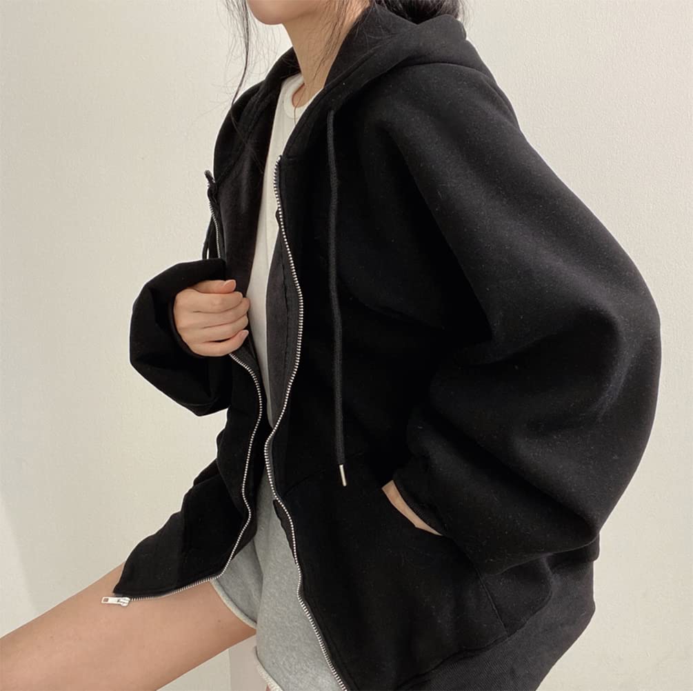Толстовка с флисом Свободный крой Харадзюку Топ с длинным рукавом на осень и зиму QYY-1 Женская на молнии Подкладка, Плотная, Теплая, Стильная, Повседневная, По фигуре, Оверсайз,