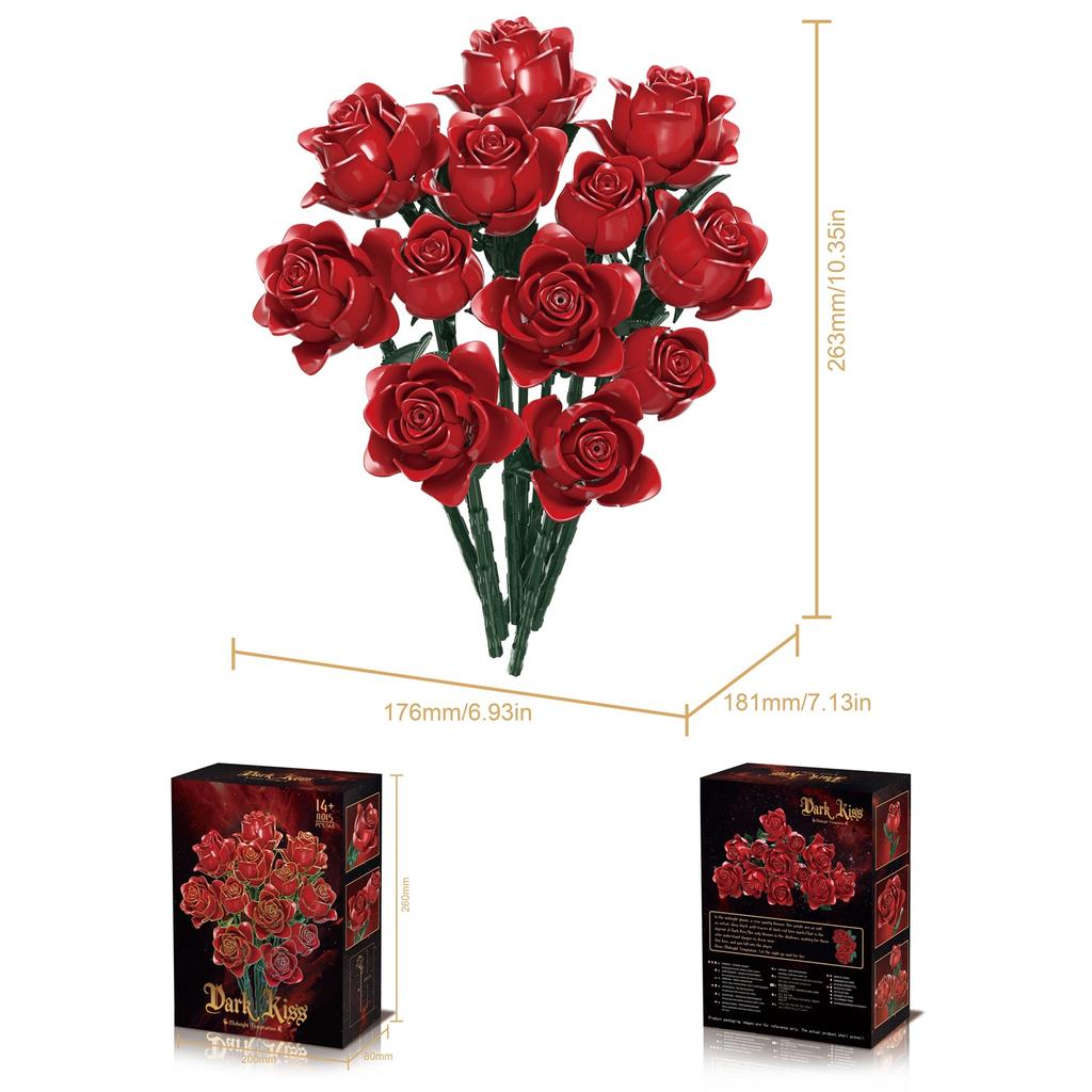 546 Pcs Dark Kiss Series Red Rose Preserved Building Blocks Flower Home Decor Kit Kid Girls Toy Valentine'S/Mother'S Day Gifts