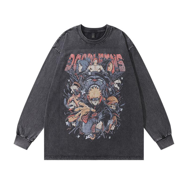 Japanese Retro Cartoon Printing Long-Sleeved Bottoming T-Shirt For Men And Women Hip-Hop Heavy Industry Washing And Doing Old Vintage Long Tee