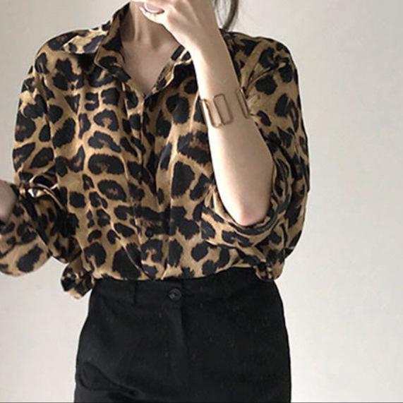 Женская рубашка с длинными рукавами и лацканами в стиле ретро с леопардовым принтом в корейском стиле - универсальный, свободный, повседневный осенний топ