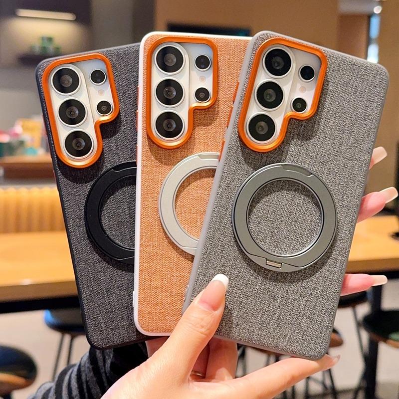 Linen Fabric Case for Samsung S26 Ultra S25 Plus S24 Ultra Magnetic Rotating Stand Metal Buttons Shockproof Soft Edge Cover