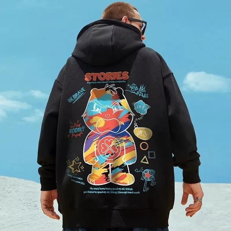 Men Oversized Hoodie Fashion Loose American Color Graffiti Bear Print Long Sleeve Couple Clothes