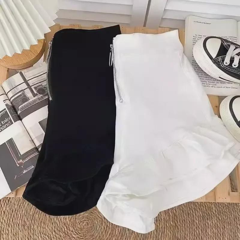 Женские белые шорты с широкими штанинами и оборками на молнии 2024 года — облегающие повседневные шорты с высокой талией