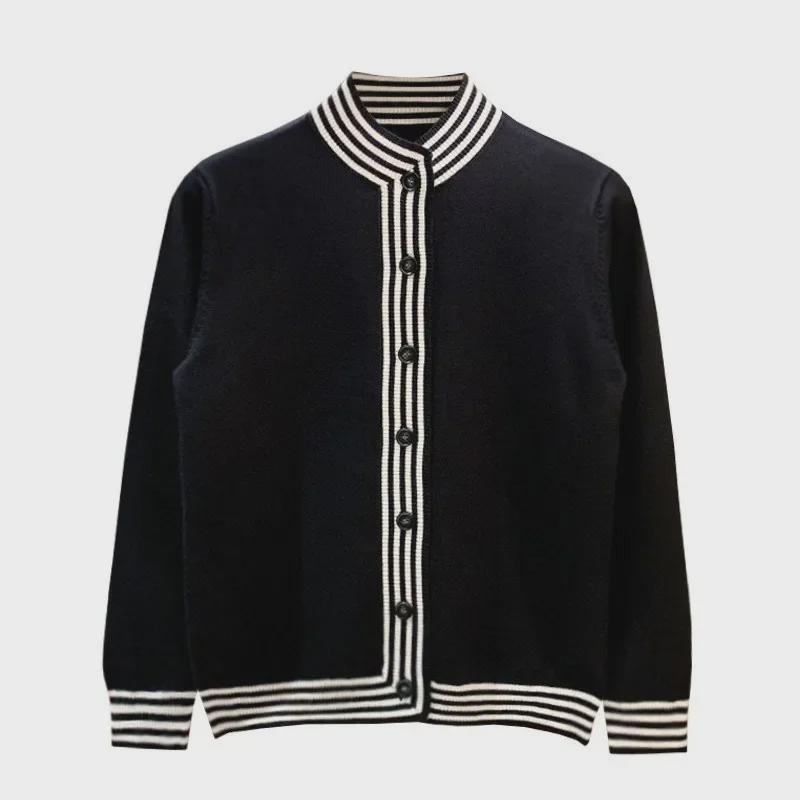 Мужской модный полосатый кардиган с воротником-стойкой в черно-белую полоску: Свитер в европейском и американском осеннем стиле