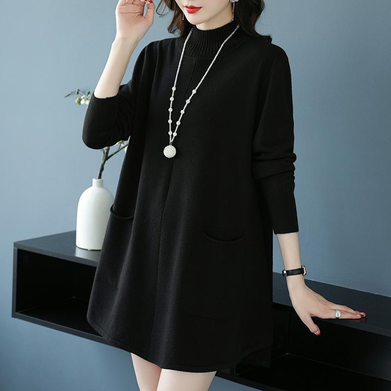 Свитер с полувысоким воротом большого размера, свободный и повседневный пуловер средней длины для женщин, однотонное вязаное платье А-силуэта
