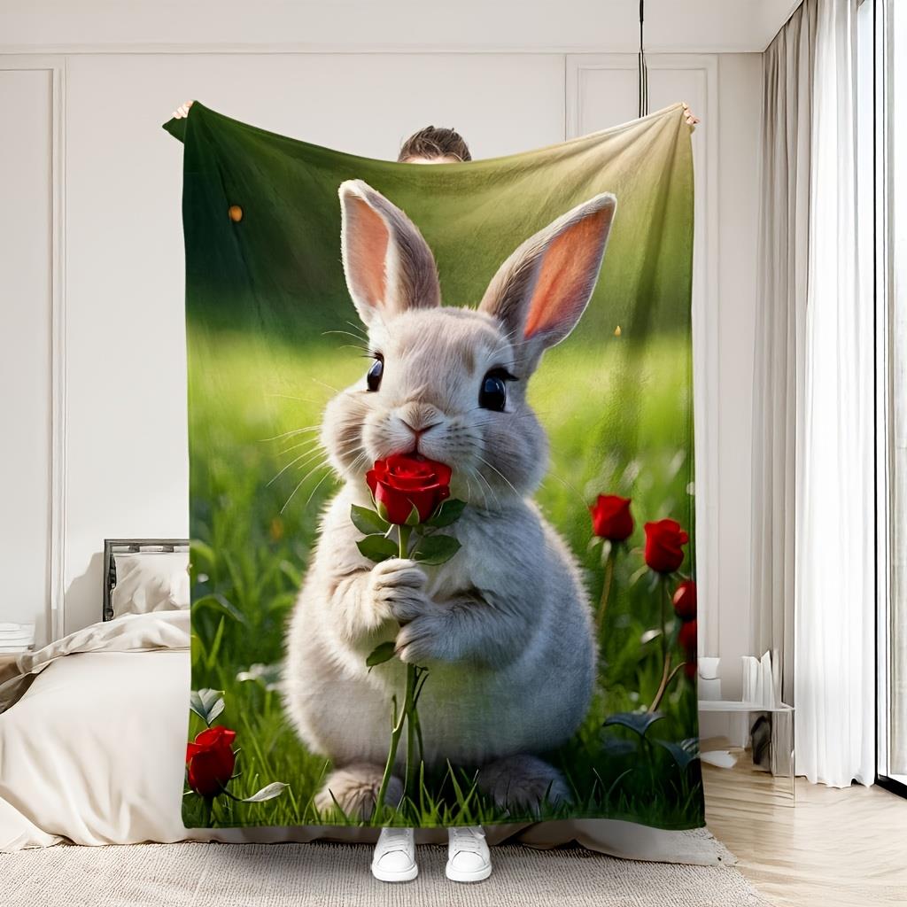 1pc Single/Double Person Blanket with Rose Bouquet Cute White Rabbit Pattern Soft Cover Blanket Flannel Sofa Blanket All Seaso