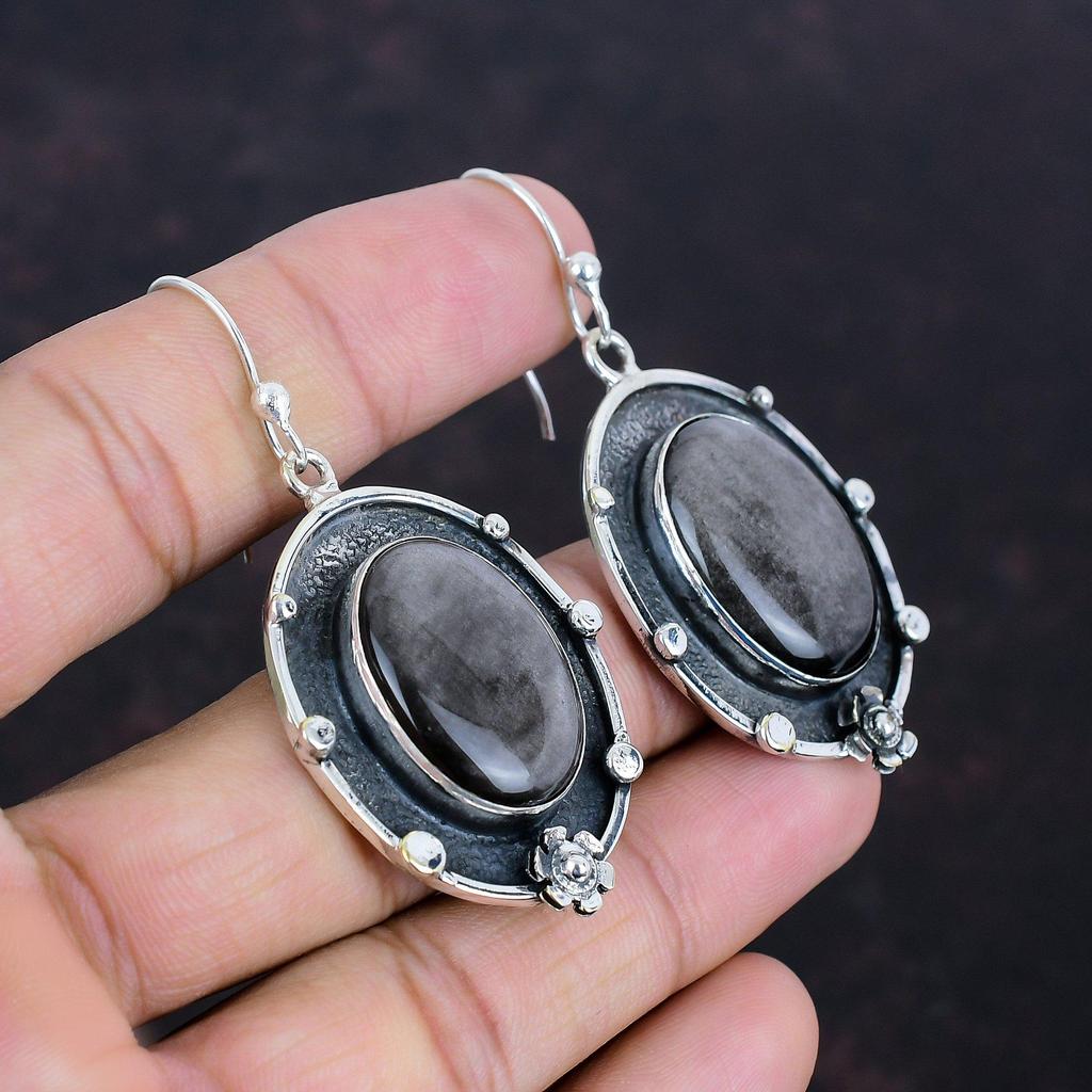 Серебряные серьги с обсидианом, натуральные драгоценные камни, серьги из стерлингового серебра 925 пробы, серьги ручной работы, подарки для жены, замечательные серебряные украшения
